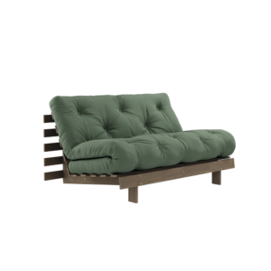 KARUP DESIGN Olivově zelená rozkládací pohovka ROOTS s konstrukcí z tmavě hnědého dřeva 140x200 cm