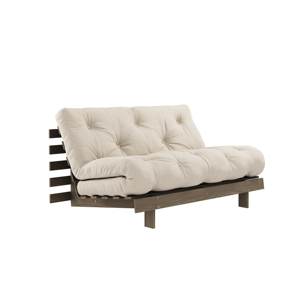 KARUP DESIGN Světle béžová rozkládací pohovka ROOTS s konstrukcí z tmavě hnědého dřeva 140x200 cm