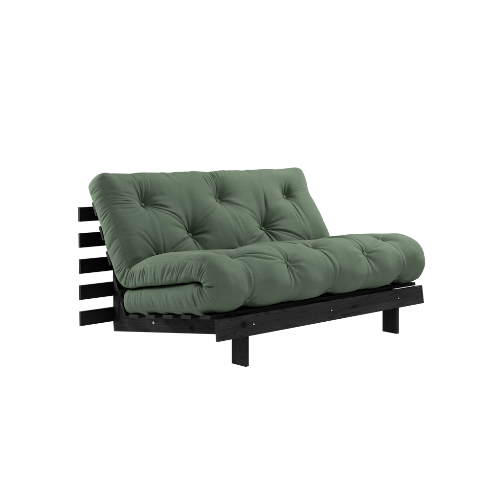 KARUP DESIGN Olivově zelená rozkládací pohovka ROOTS s konstrukcí z černého dřeva 140x200 cm